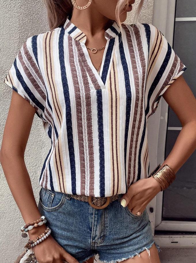 Striped V-Neck Batwing Sleeve Blouse for Women