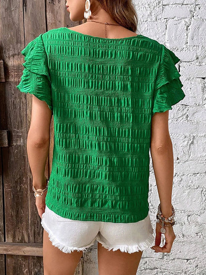 Ruffle Sleeve Crew Neck Casual Summer Blouse Top