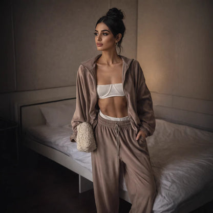 Womens Velvet Zip Up Hoodie Sweatpants 2 Piece Set