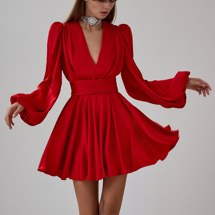 Satin V-Neck Puff Sleeve Belted A-Line Mini Dress