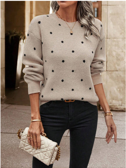 Women's Polka Dot Crew Neck Long Sleeve Sweater