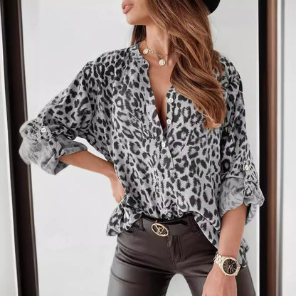 Women's Leopard Print Long Sleeve Button Down Blouse