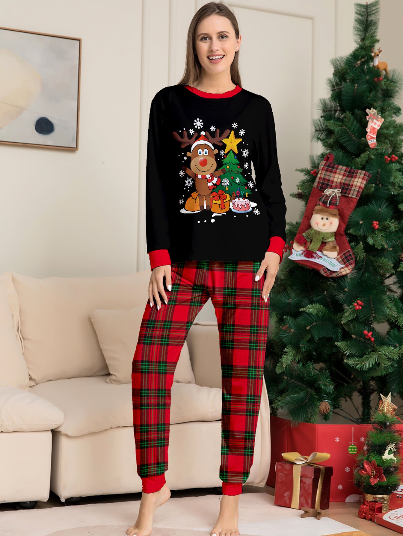 Deer Snowflake Plaid Parent-Child Printed Christmas Set