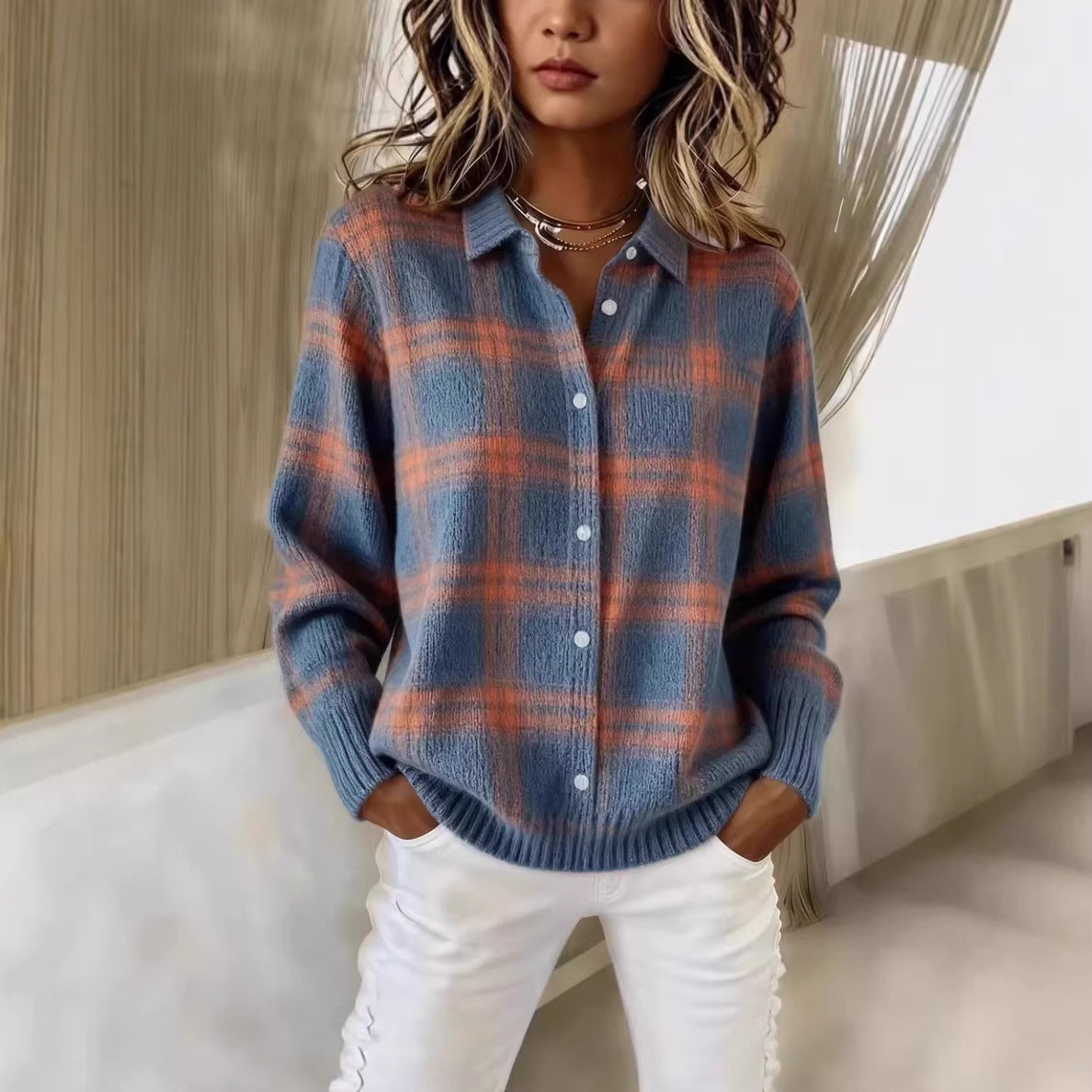 Women's Oversized Plaid Collared Cardigan Sweater