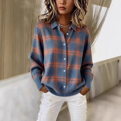 Women's Oversized Plaid Collared Cardigan Sweater