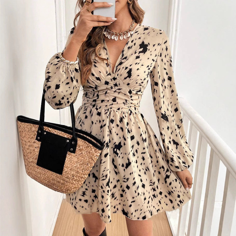 Leopard Print V Neck Ruched Mini Dress