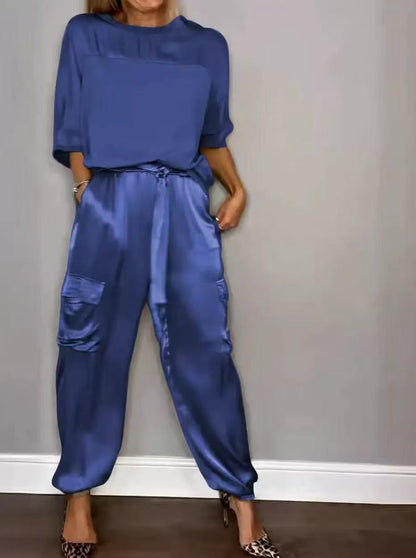 Women's Satin 2 Piece Set Half Sleeve Top Cargo Pants