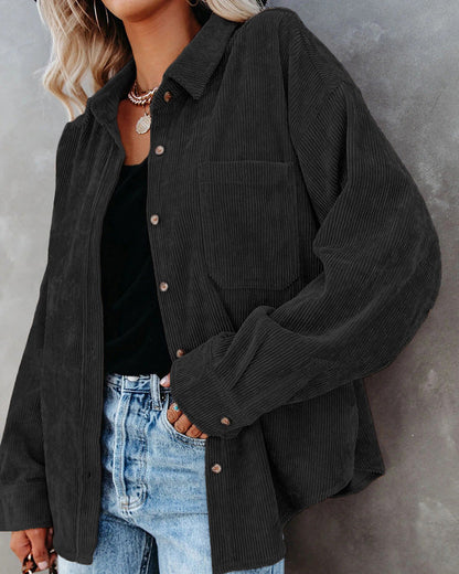 Oversized Corduroy Button-Down Shirt with Chest Pocket