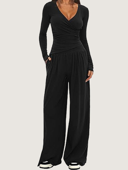 Women's 2 Piece V Neck Wide Leg Pants Lounge Set