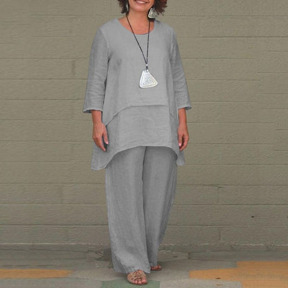 Women's Linen 2 Piece Set Asymmetrical Top Wide Leg Pants