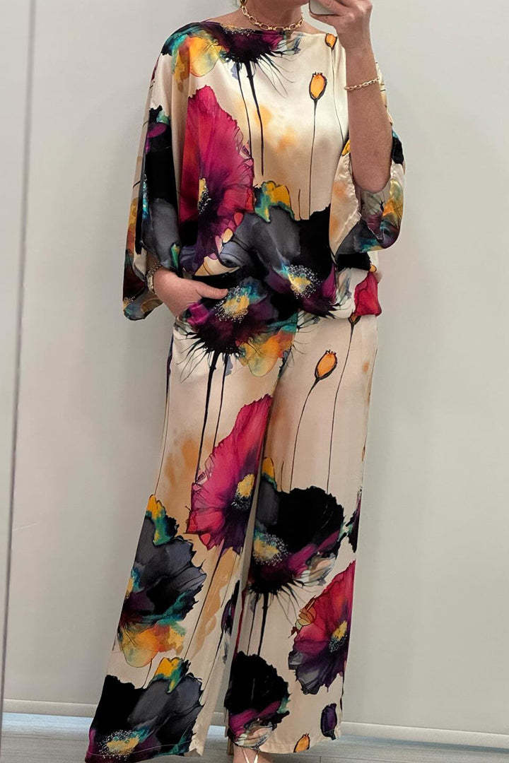 Women's Satin Floral Batwing Wide Leg Pants Set
