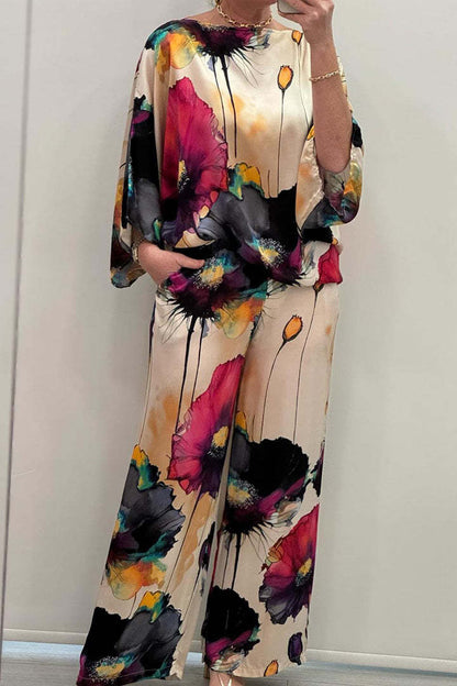 Women's Satin Floral Batwing Wide Leg Pants Set
