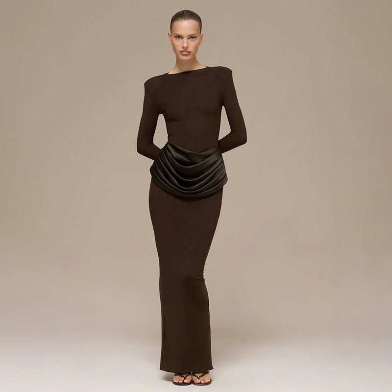 Women's Boat Neck Long Sleeve Ruched Bodycon Maxi Dress