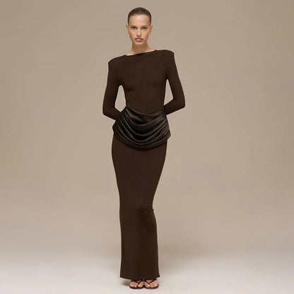 Women's Boat Neck Long Sleeve Ruched Bodycon Maxi Dress