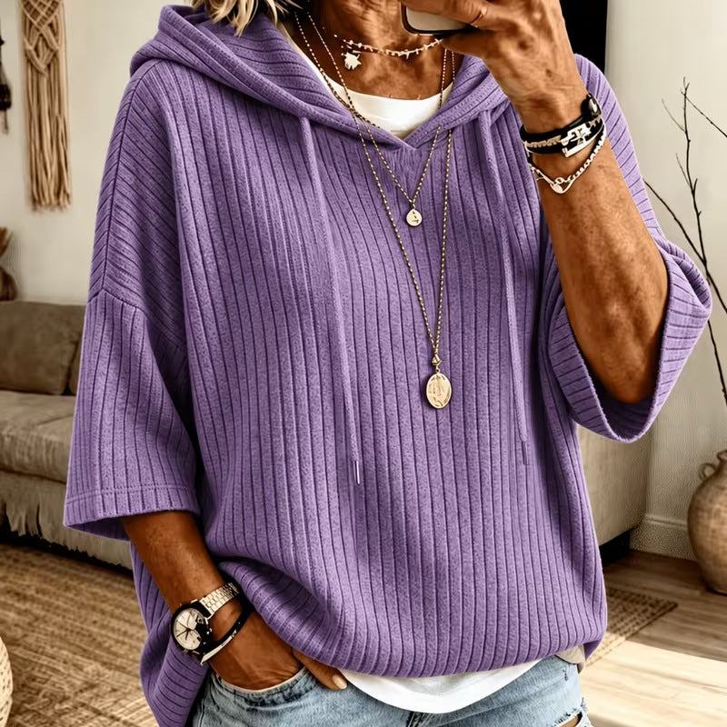 Oversized Ribbed Half Sleeve Hoodie Tunic Pullover Top