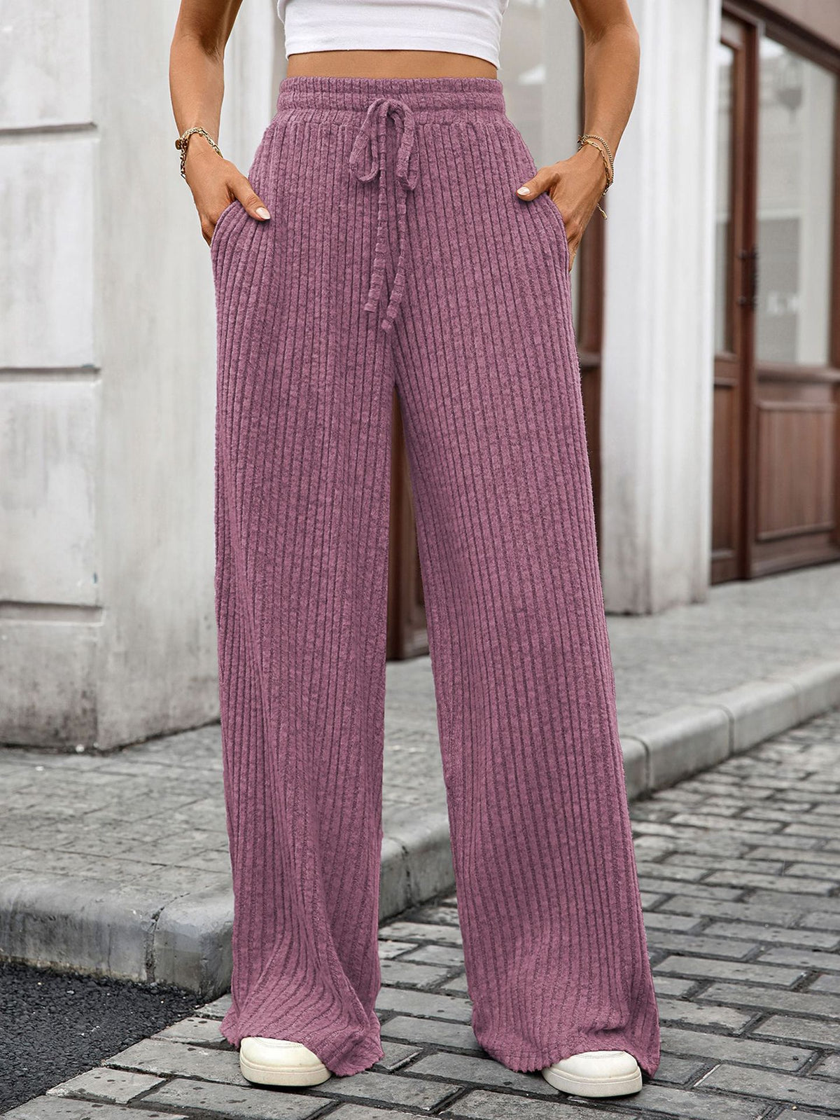 Women's Ribbed Drawstring Wide Leg Lounge Pants