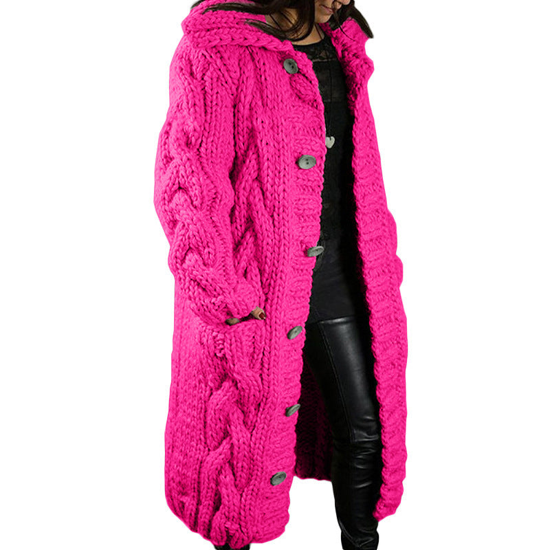Women's Chunky Cable Knit Hooded Long Cardigan Plus Size