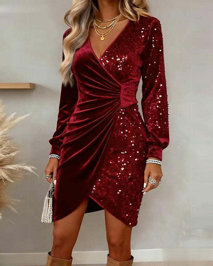 Velvet Sequin V-Neck Long Sleeve Bodycon Dress