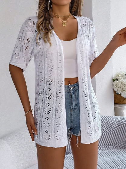White Crochet Open Front Knit Cardigan Short Sleeve Cover Up