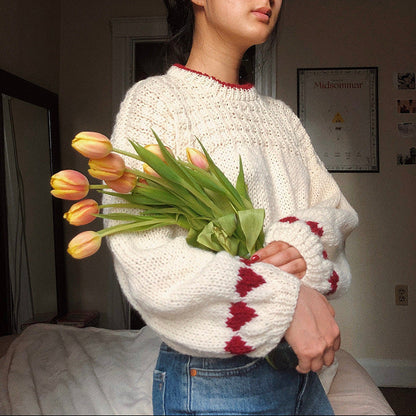 Women's Y2K Heart Oversized Knit Crewneck Sweater