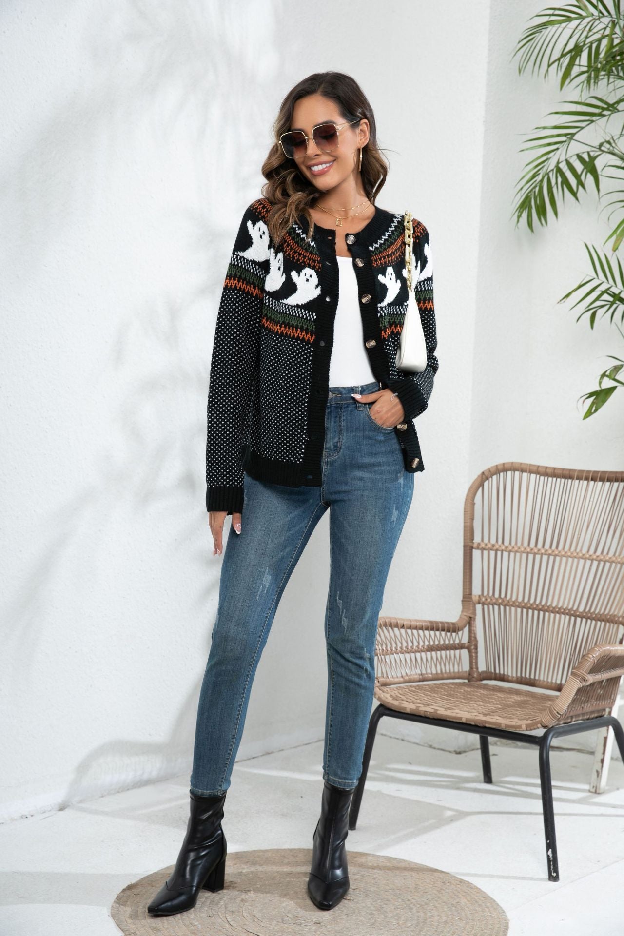 Halloween Ghost Cardigan Women Vintage Polka Dot Sweater