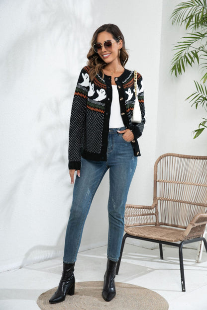 Halloween Ghost Cardigan Women Vintage Polka Dot Sweater