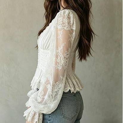 Women's Lace V Neck Smocked Puff Sleeve Peplum Top White