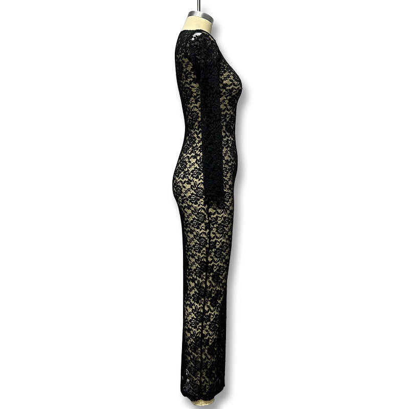 Sexy Sheer Lace Long Sleeve Bodycon Maxi Dress