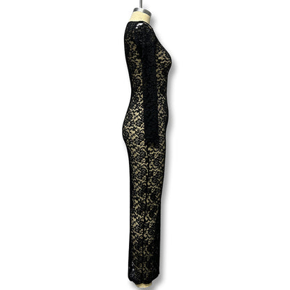 Sexy Sheer Lace Long Sleeve Bodycon Maxi Dress