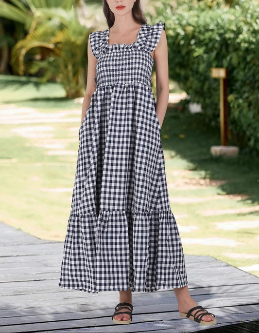 Gingham Smocked Maxi Dress Square Neck Ruffle Sleeve