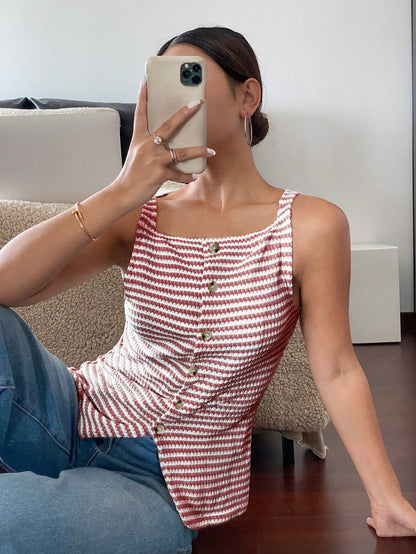 Women’s Striped Button Front Sleeveless Tank Top