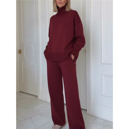 Solid Turtleneck Sweater Wide Leg Pants Lounge Set