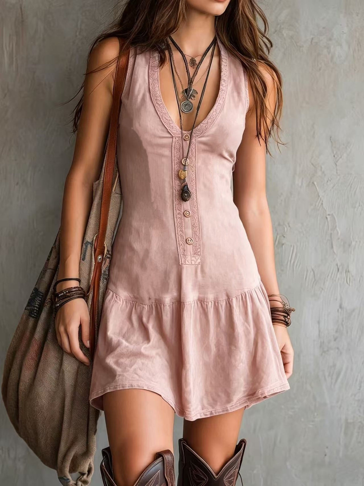 Women's Sleeveless U-Neck Button Front Lace Mini Dress