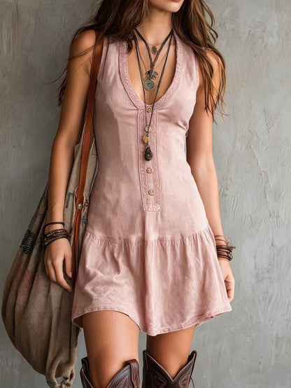 Women's Sleeveless U-Neck Button Front Lace Mini Dress