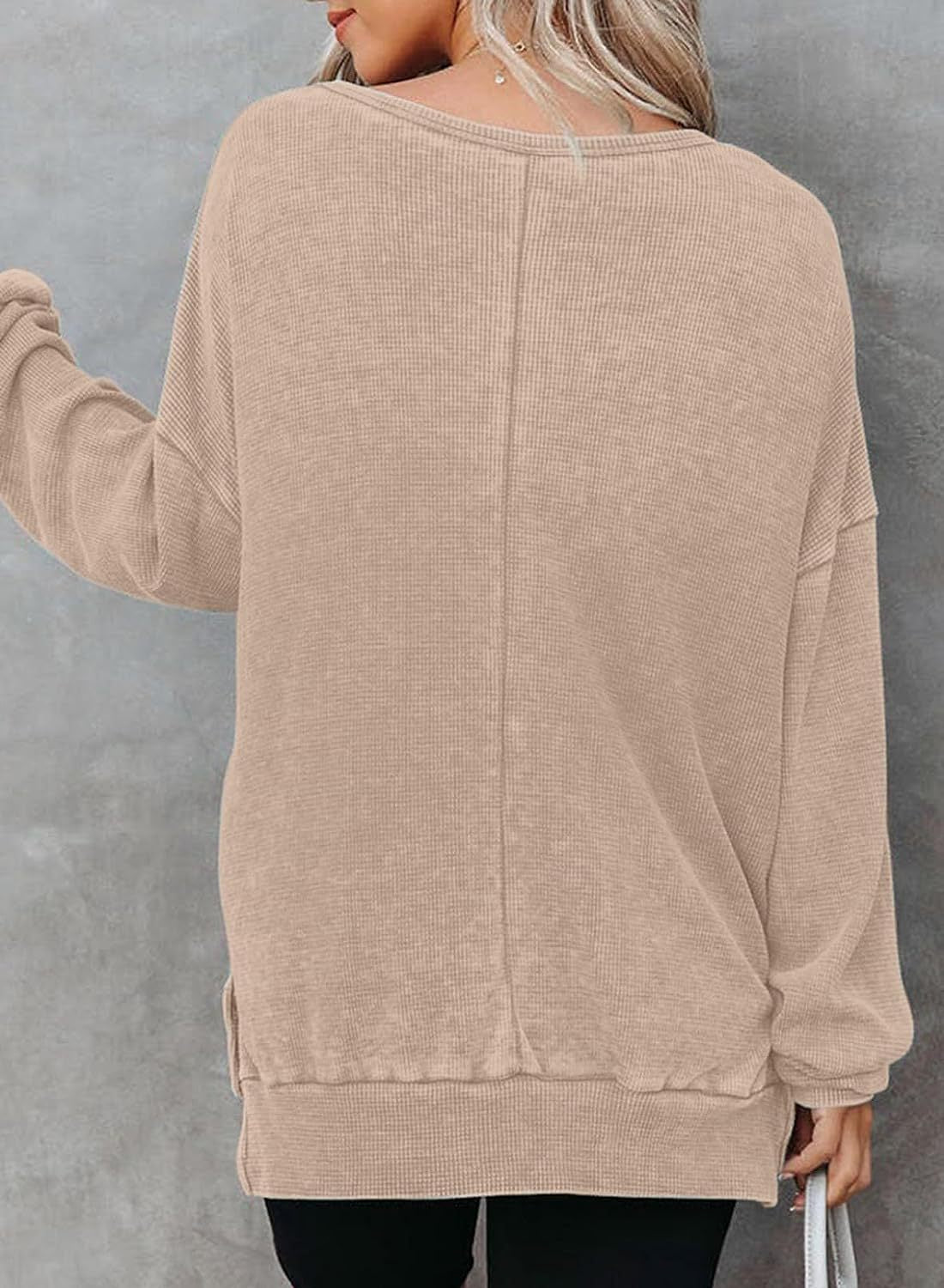 Waffle Split Hem Sweatshirt Women Casual Long Sleeve Top