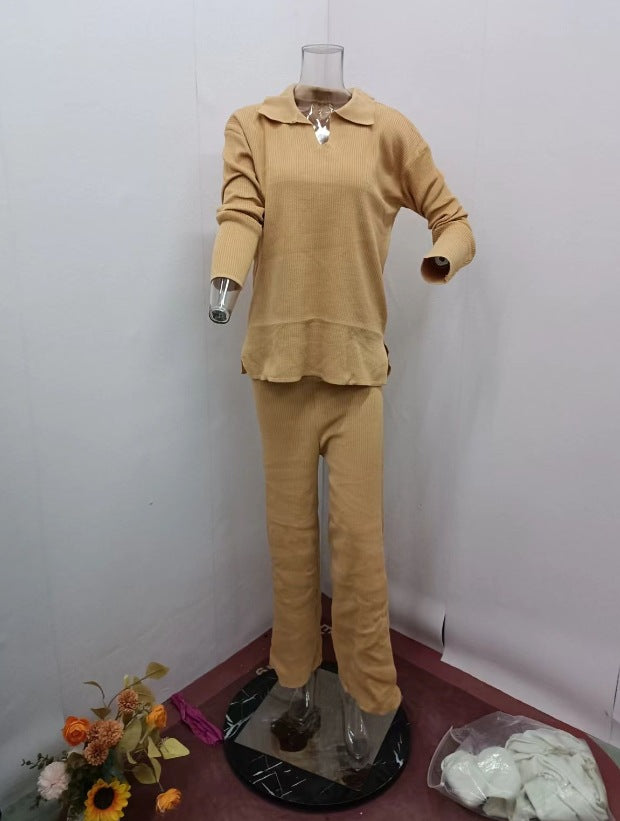 Ribbed Knit Side Slit Lounge Set Wide Leg Pants