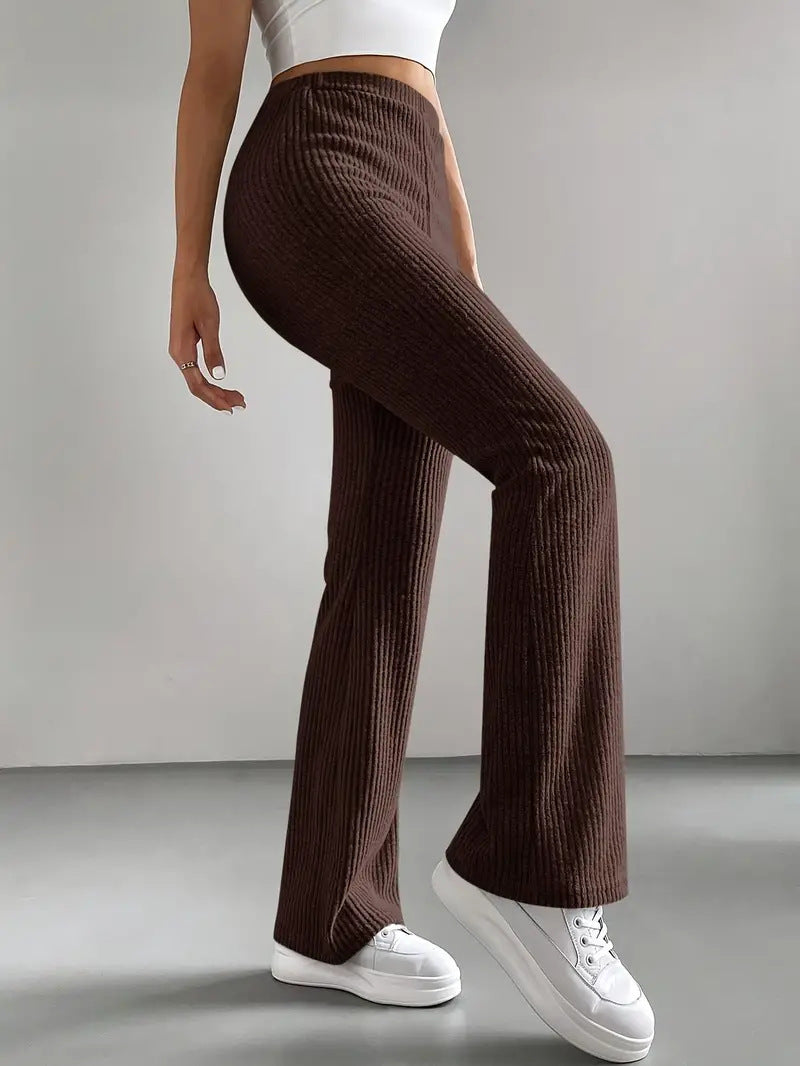 Women's High Waist Ribbed Knit Flare Pants Stretchy Casual