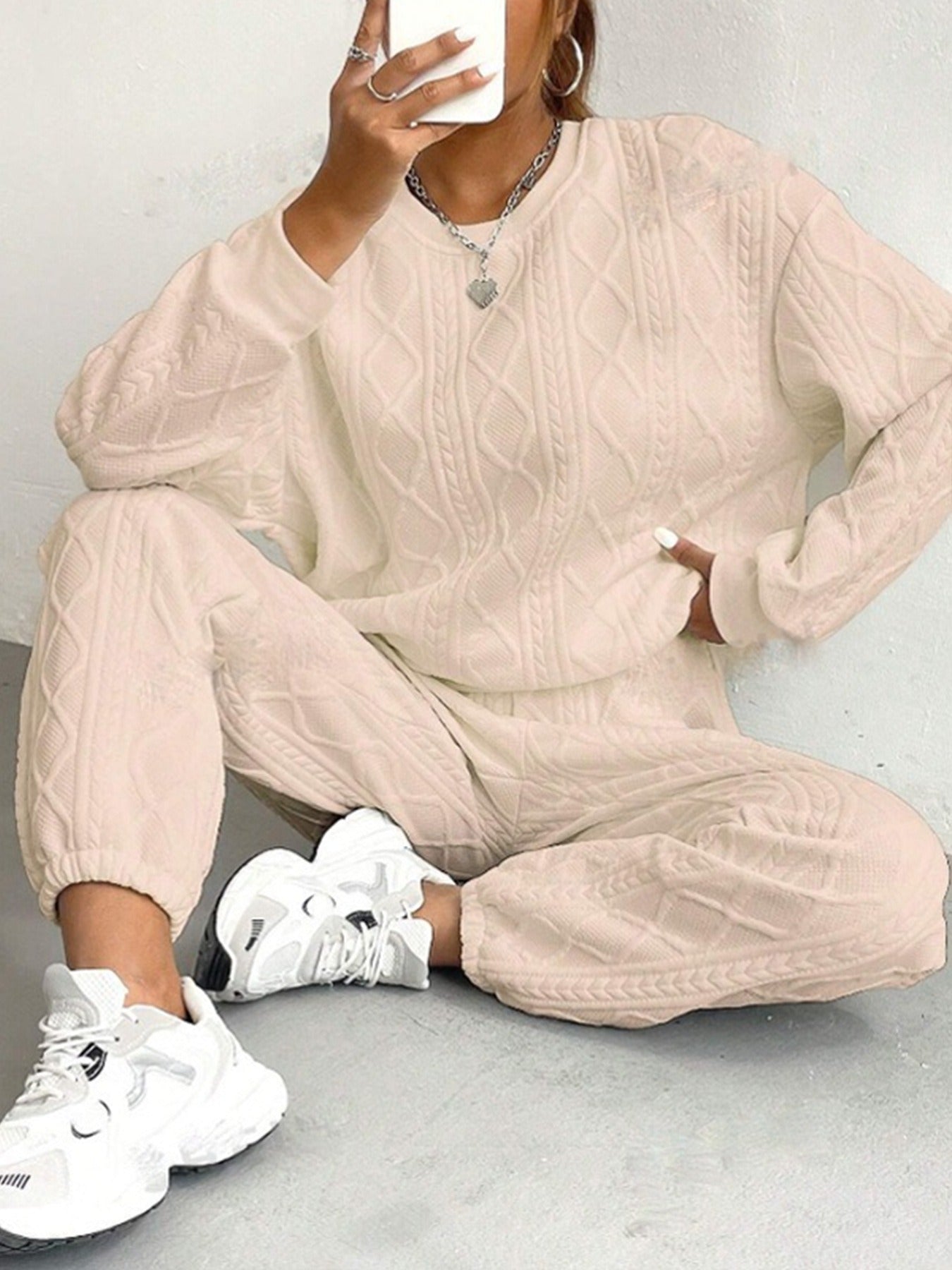 Cable Knit Sweatsuit Women Joggers Lounge Set