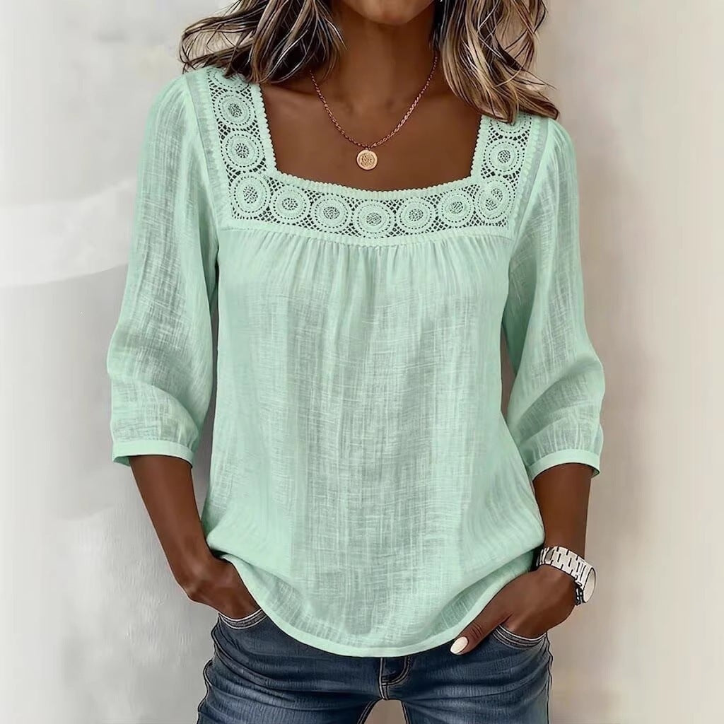 Women's Square Neck Eyelet Lace 3/4 Sleeve Summer Blouse