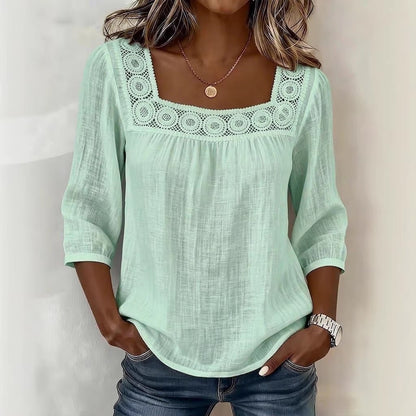 Women's Square Neck Eyelet Lace 3/4 Sleeve Summer Blouse