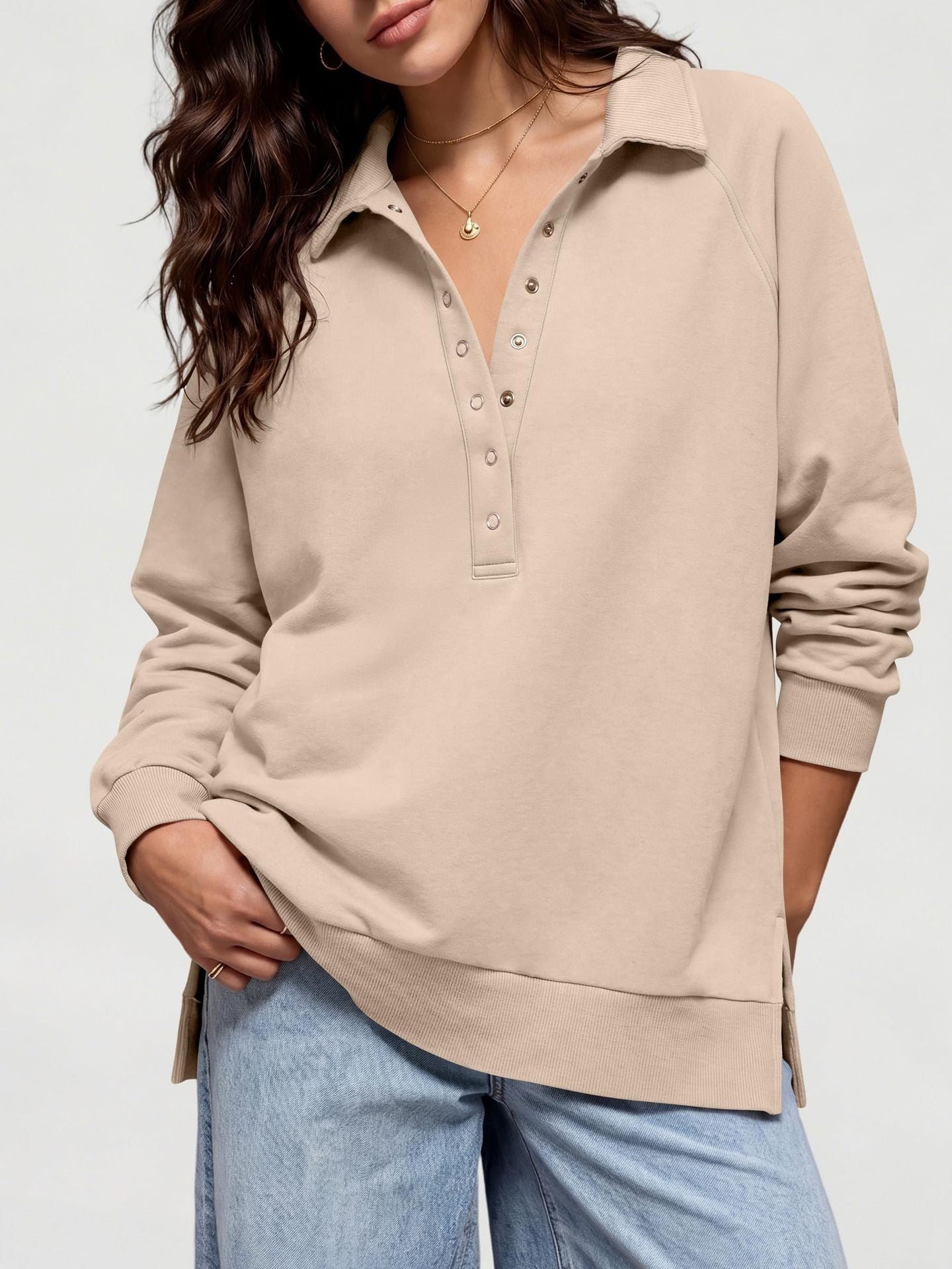 Women's Oversized Collared Button Pullover Sweatshirt