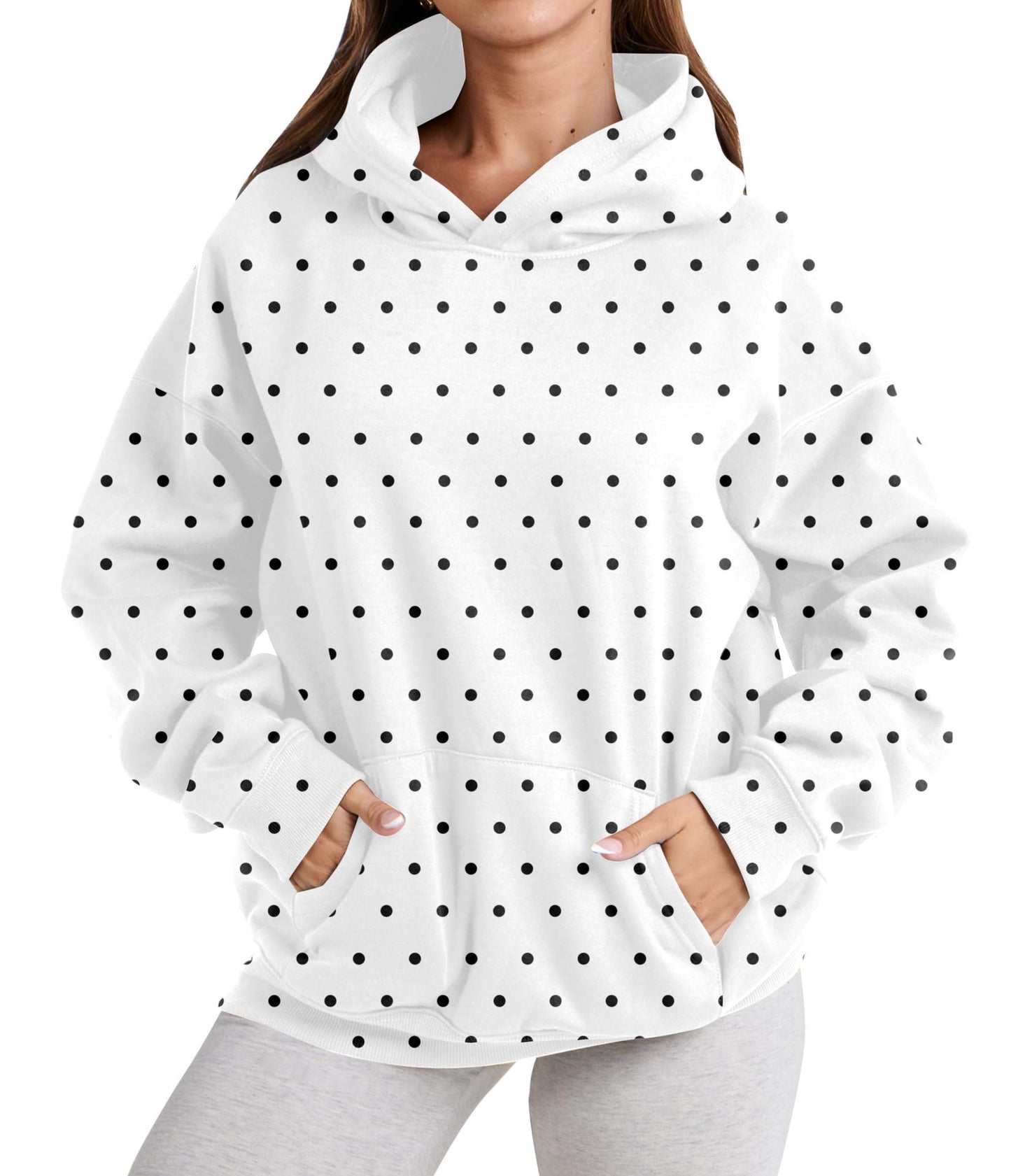 Polka Dot Hoodie Kangaroo Pocket Relaxed Fit Sweatshirt
