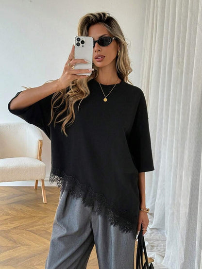 Lace Trim T Shirt Loose Fit Short Sleeve Top