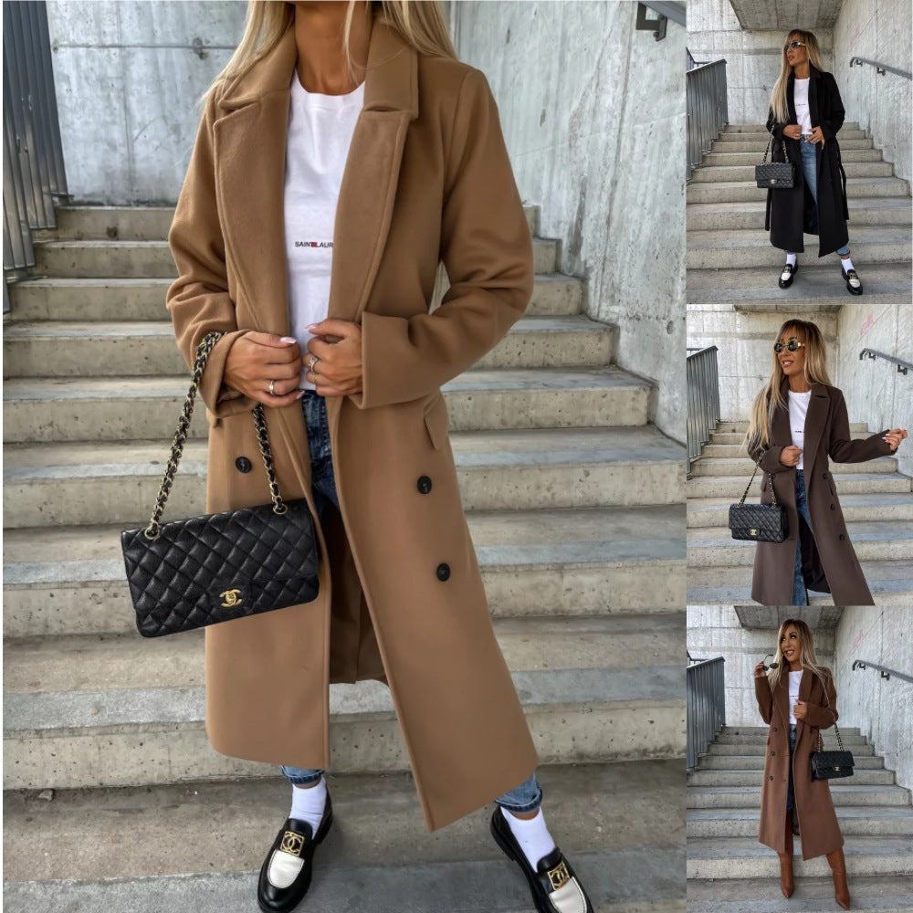 Women's Lapel Button Front Long Coat with Slit