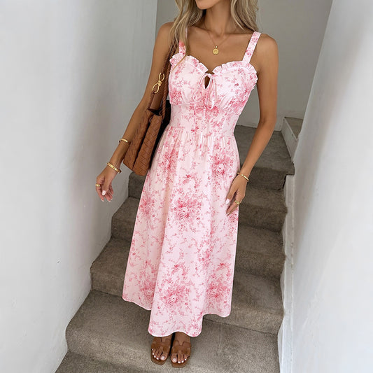 Printed Square Neck Spaghetti Strap Long Dress Elegant Fit