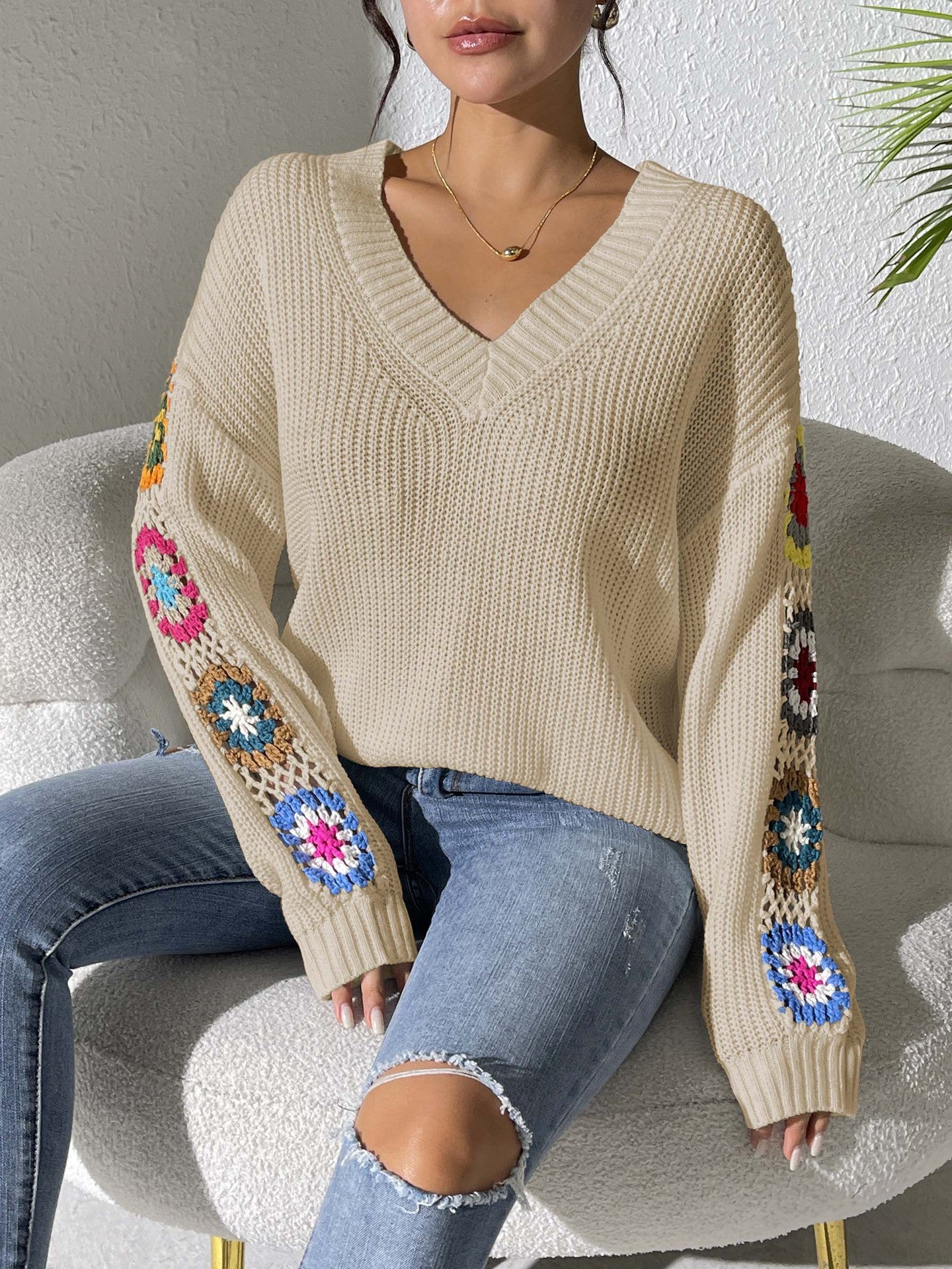 Fall/Winter Casual Loose V-Neck Crochet Floral Sweater