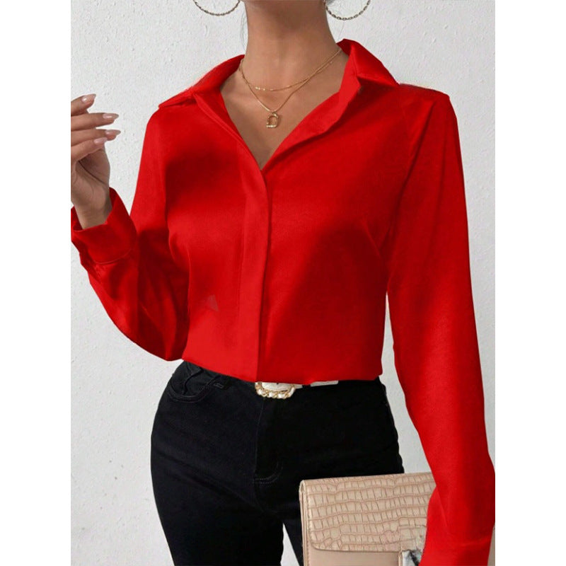 Women's Satin Long Sleeve Button Down Blouse