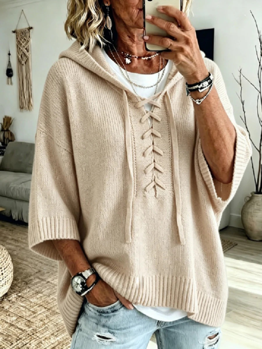 Oversized Hooded Knit Sweater Lace Up Front