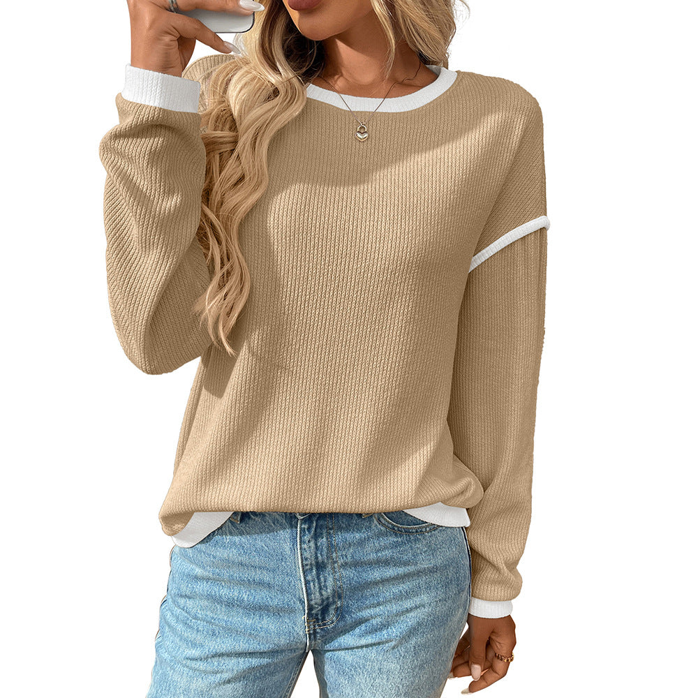 Contrast Trim Long Sleeve Waffle Knit Pullover