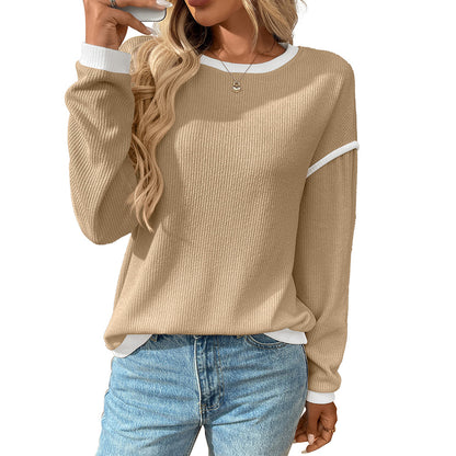 Contrast Trim Long Sleeve Waffle Knit Pullover